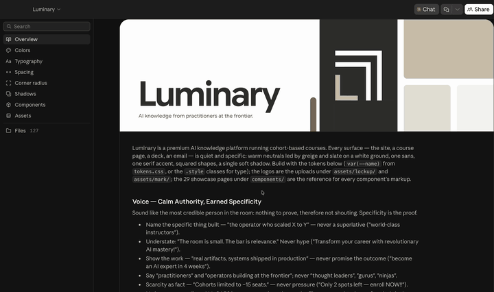 Scrolling through Luminary&rsquo;s Claude Design system